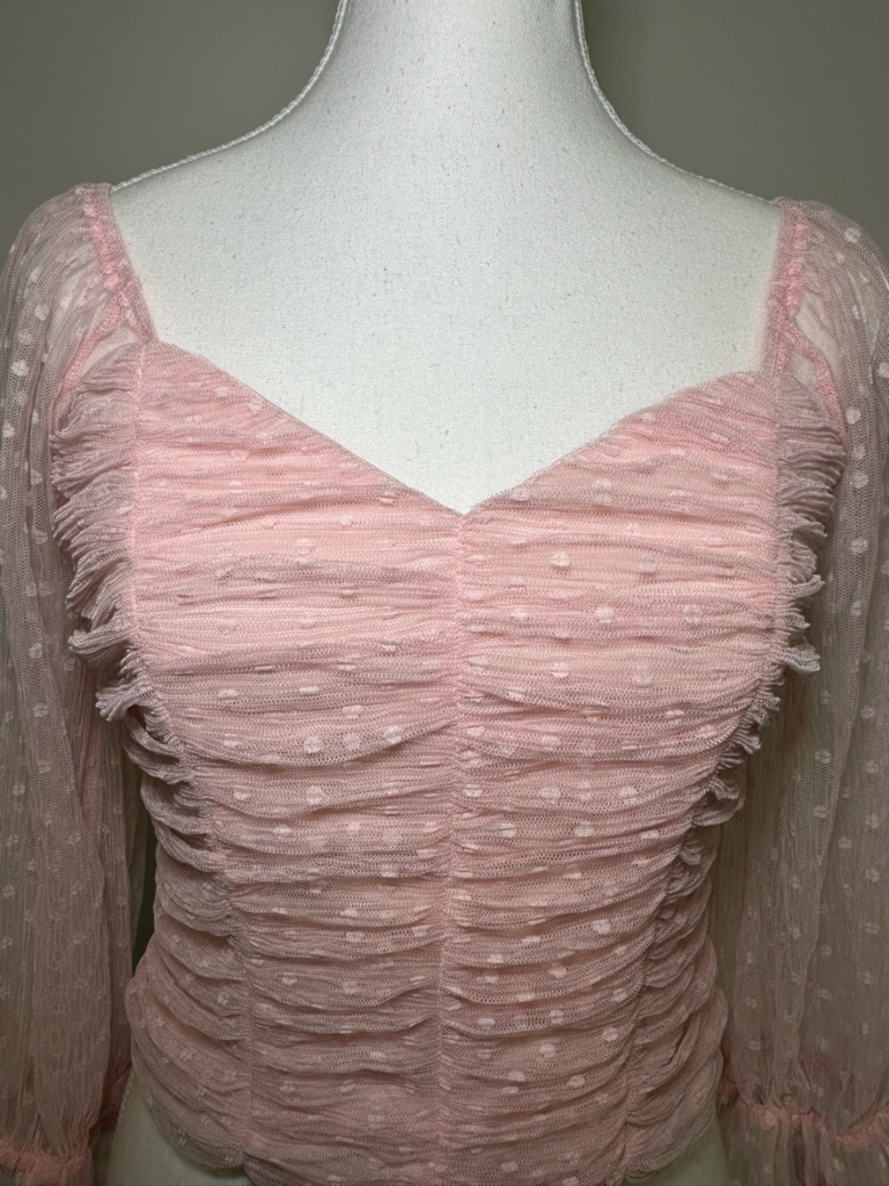 Pink Polka Dot Ruched Mesh Crop Top Sheer Sweetheart Feminine Romantic Y2K 90s S - Picture 4 of 12